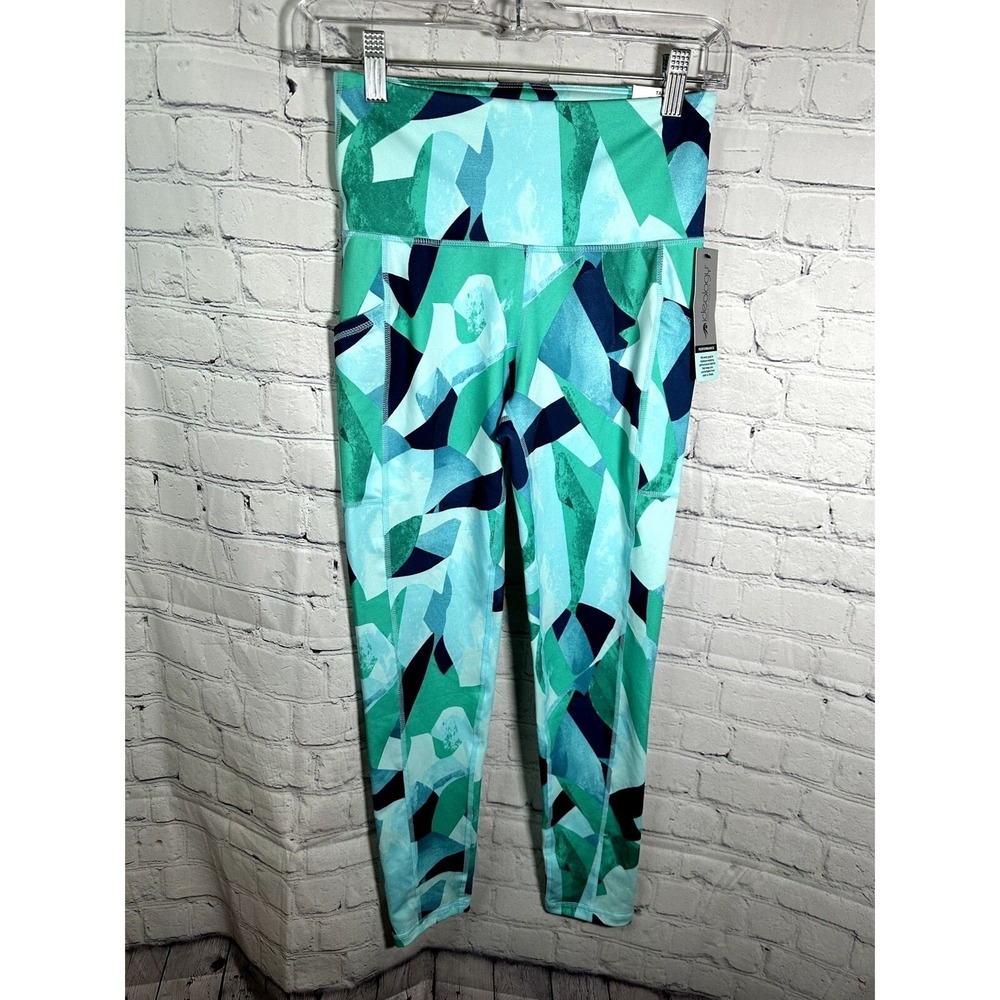 Ideology Womens XS High Rise 7/8 Length Side Pocket Leggings Teal Green Abstract